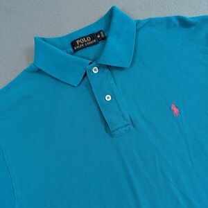 Polo Ralph Lauren Polo Shirt Mens Medium Turquoise Blue Pink Pony Pique Mesh